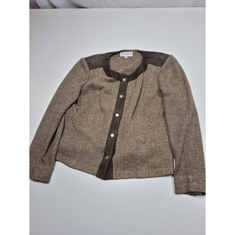 St. John Collection Blazer Jacket Womens 14 Brown Wool Tweed Leather Trim